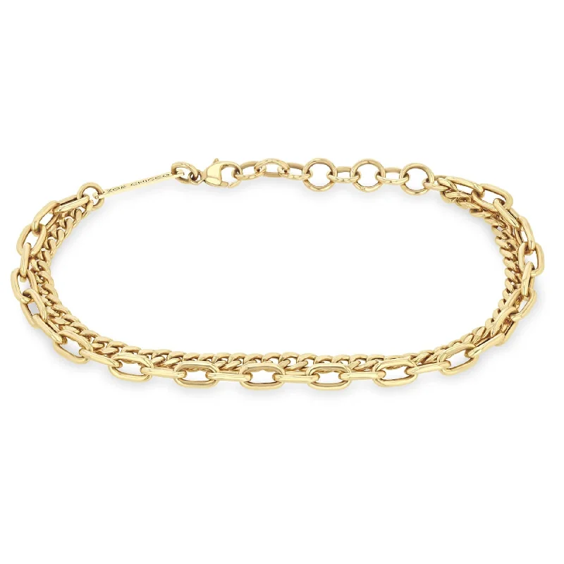 Custom Silver Tennis Bracelets-14k Gold Double Chain Small Curb & Medium Square Oval Chain Bracelet