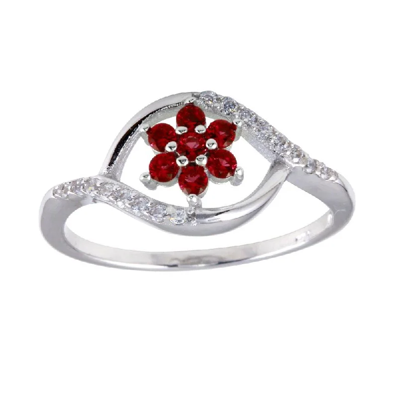 Classic Silver Engagement Rings-Rhodium Plated 925 Sterling Silver Wave Red Center Flower CZ Ring - BGR01252RED