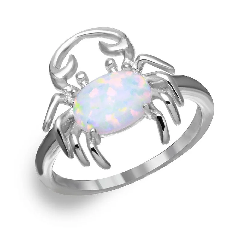 Custom Wedding Bands-Silver 925 Rhodium Plated Crab Design Ring with Synthetic Opal and CZ - BGR01050