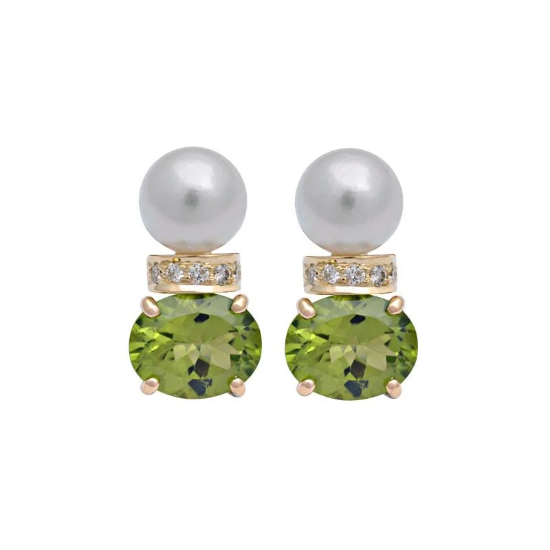 Elegant Wedding Earrings-Earrings-Peridot, South Sea Pearl and Diamond  (2125I)