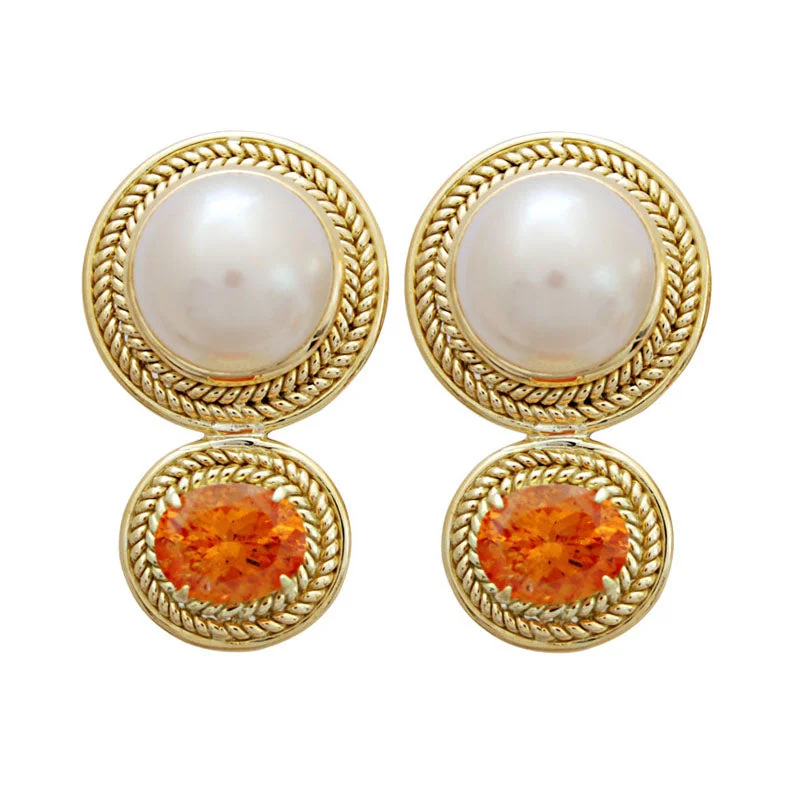 Cute Stud Earrings-Earrings- Orange Garnet & South Sea Pearl