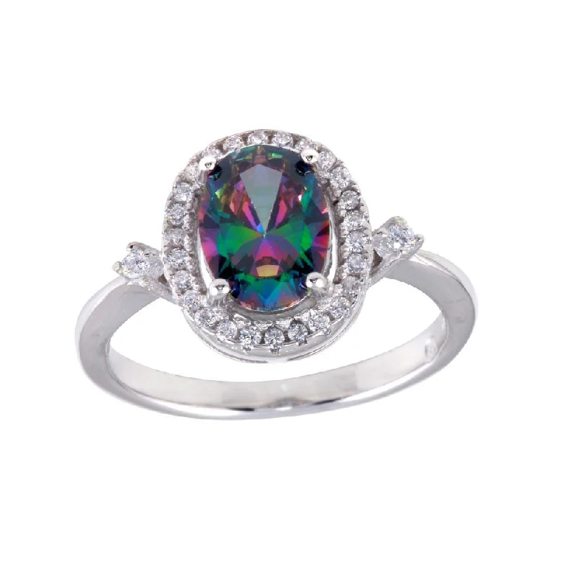 Matching Wedding Rings-Rhodium Plated 925 Sterling Silver Oval Solitaire Synthetic Mystic Topaz CZ Ring - BGR01249