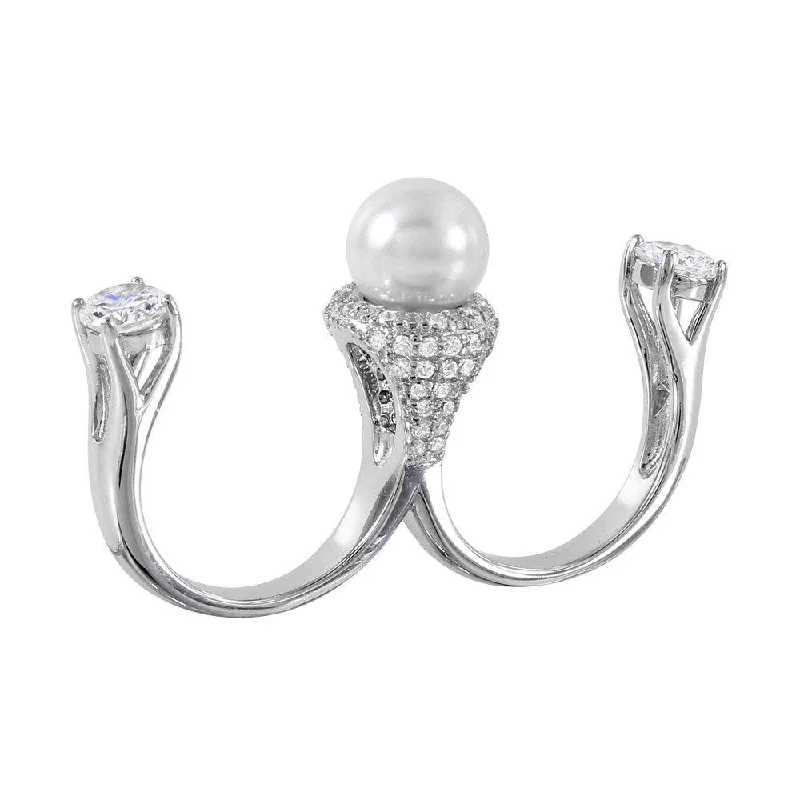 Beautiful Wedding Ring Sets-Silver 925 Rhodium Plated Pearl Two Finger Open Ring with CZ Accents - BGR00980