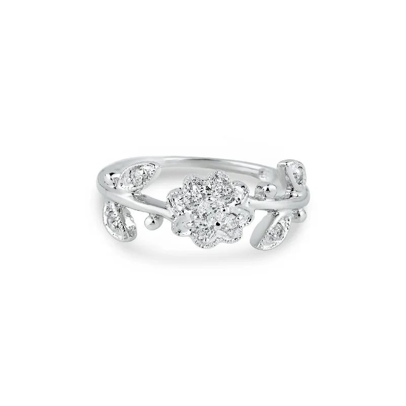 Bridal Diamond Rings-Silver 925 Rhodium Plated Clear CZ Flower Ring - BGR00047