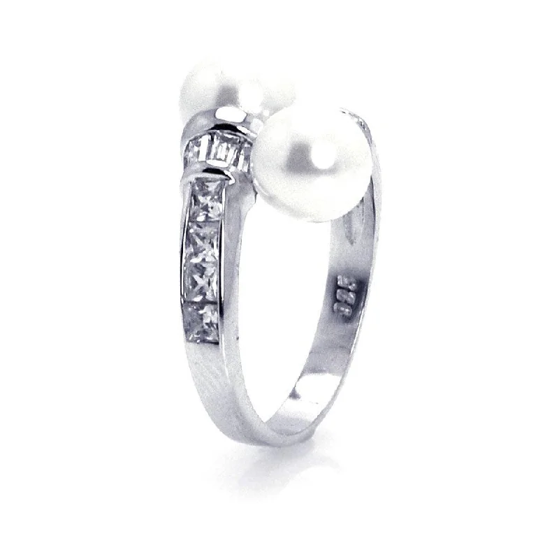 Designer Wedding Bands-Silver 925 Rhodium Plated CZ Double Pearl Ring - STR00505