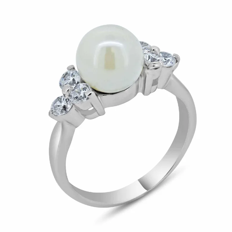 Bold Gemstone Rings-925 Sterling Silver Rhodium Plated Synthetic Pearl Center Clear CZ Ring - BGR00367