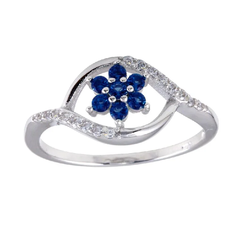 Statement Gemstone Rings-Rhodium Plated 925 Sterling Silver Wave Blue Center Flower CZ Ring - BGR01252BLU