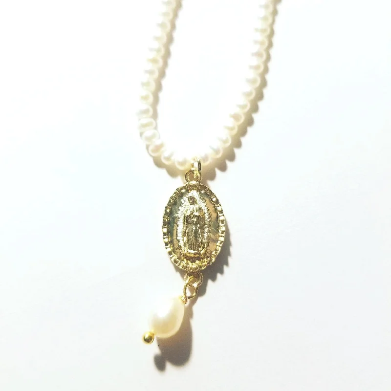 Trendy Chain Necklaces-Virgen de Guadalupe Pearl Necklace