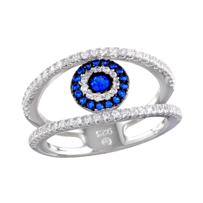 Custom Bridal Rings-Rhodium Plated 925 Sterling Silver Evil Eye Ring with CZ - BGR01163