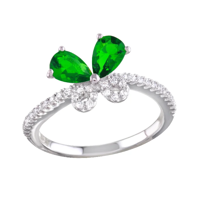 Vintage Gold Rings-Rhodium Plated 925 Sterling Silver Green Butterfly CZ Ring - BGR01164GRN