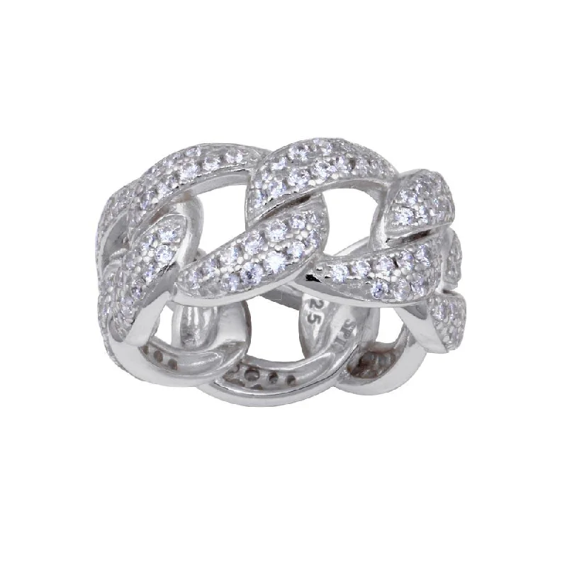 Beautiful Engagement Ring Sets-Rhodium Plated 925 Sterling Silver Curb Design Link Ring 9.8mm - STR01130RH