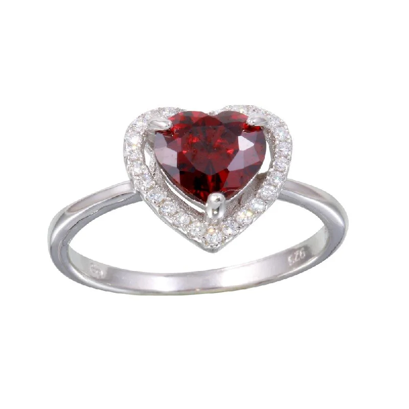 Personalized Rings for Weddings-Rhodium Plated 925 Sterling Silver Red Halo Heart Ring - BGR01139RED