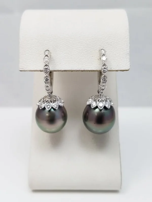 Stylish Stud Earrings for Women-Luxurious 18k White Gold Natural Cultured South Sea Pearl Diamond Dangle Earrings