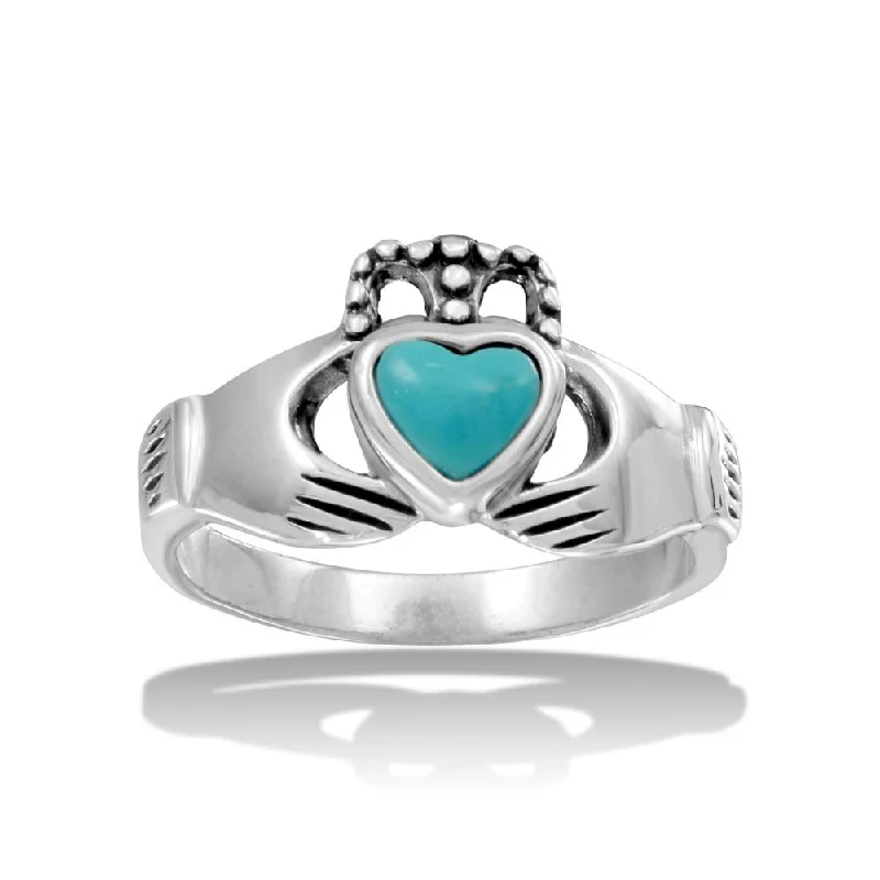 Gemstone Engagement Rings-High Polished 925 Sterling Silver Claddagh Ring with Turquoise Heart - CR00734TRQ