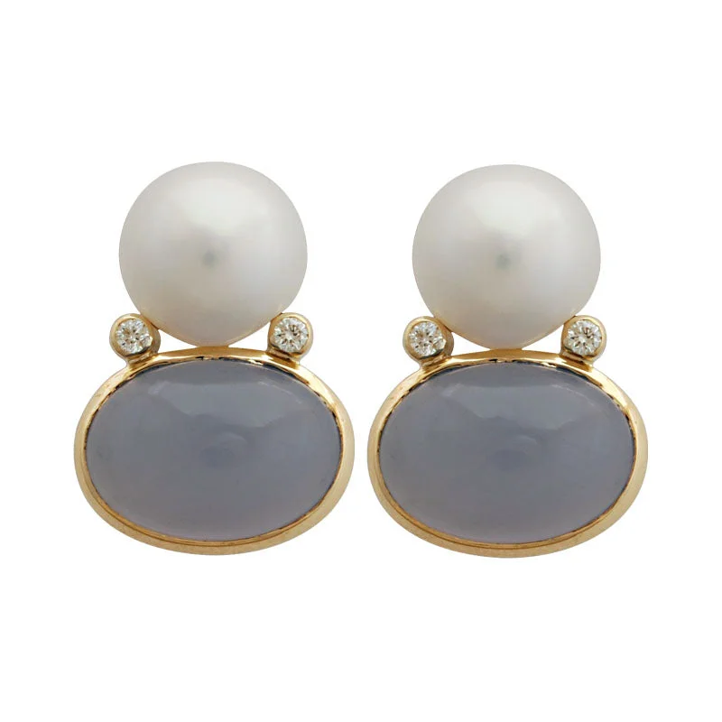 Antique Gold Earrings-Earrings-Chalcedony, Pearl and Diamond