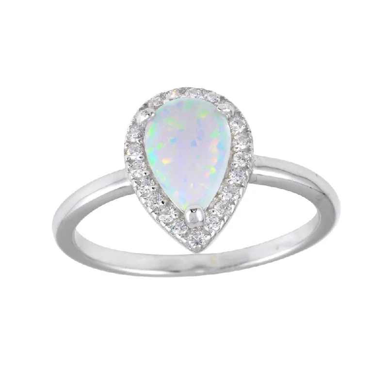 Fashionable Gemstone Wedding Rings-Rhodium Plated 925 Sterling Silver Teardrop Synthetic Opal CZ Ring - BGR01258