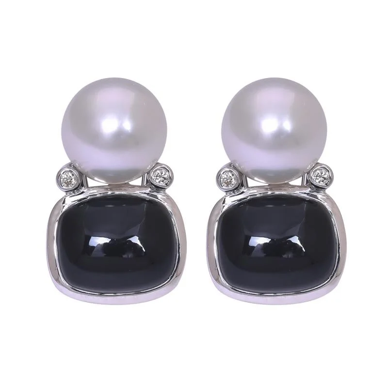 Sparkly Silver Earrings-Earrings- Black Onyx, South Sea Pearl and Diamond  (262DS)