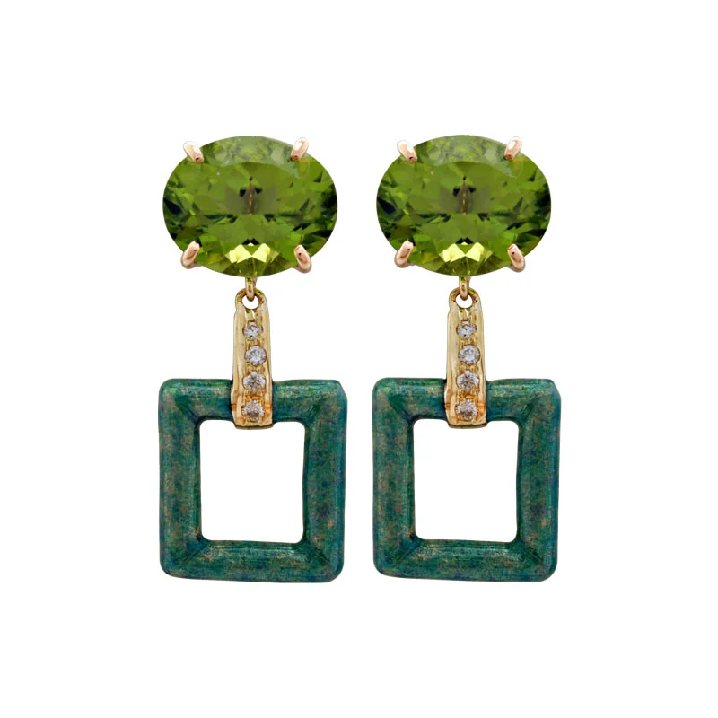 Modern Stud Earrings-Earrings - Peridot and Diamond (Enamel) in 18K gold