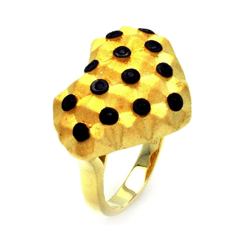 Vintage Style Rings-Clearance-Silver 925 Black Rhodium and Gold Plated Matte Finish Black CZ Dotted Heart Ring - STR00877