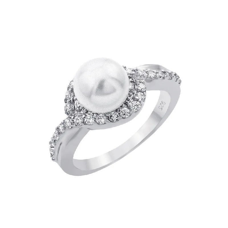 Stylish Wedding Rings-Silver 925 Rhodium Plated Clear Cluster CZ Synthetic Pearl Ring - BGR00910