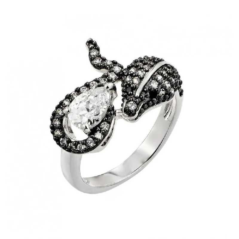 Custom Bridal Rings-Silver 925 Rhodium and Black Rhodium Plated 2 Toned Clear and Black CZ Snake Ring - BGR00776