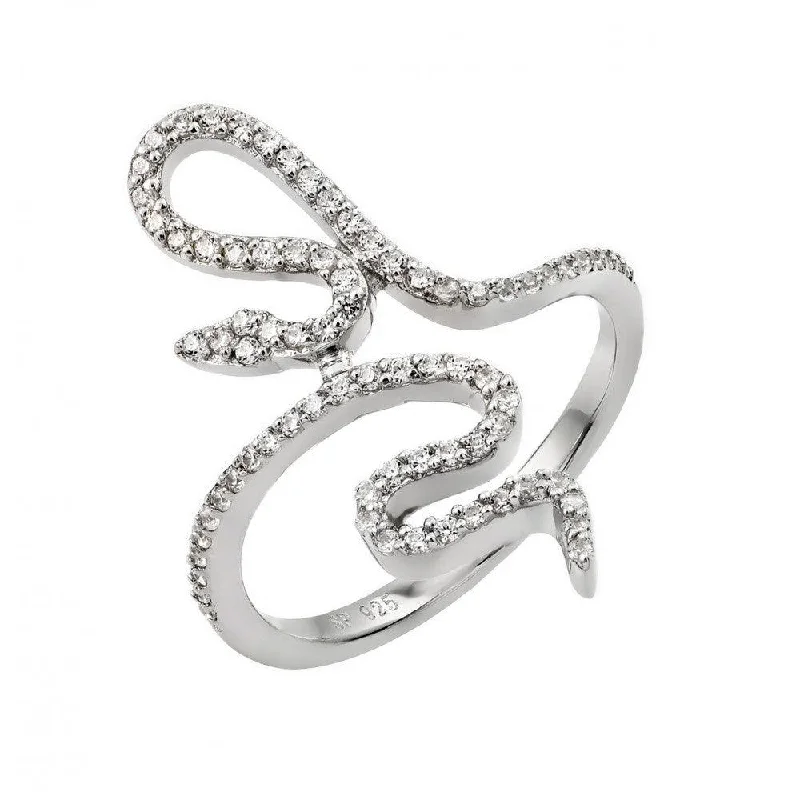 Beautiful Custom Rings-Silver 925 Rhodium Plated Clear CZ Inlay Snake Wrap Ring - STR00966