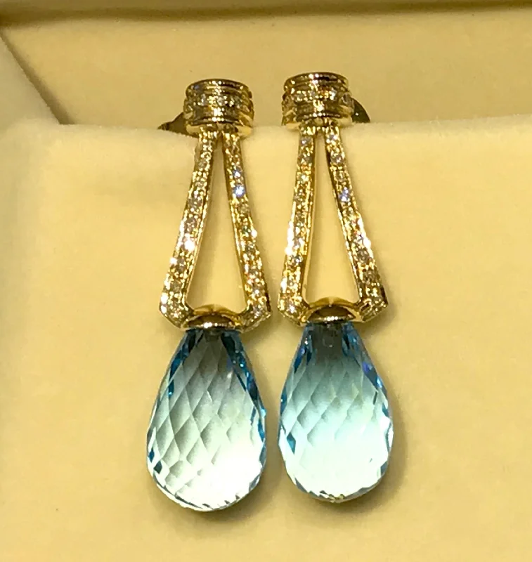 Long Dangle Earrings-Earrings - Blue Topaz & Diamond in 18K Gold