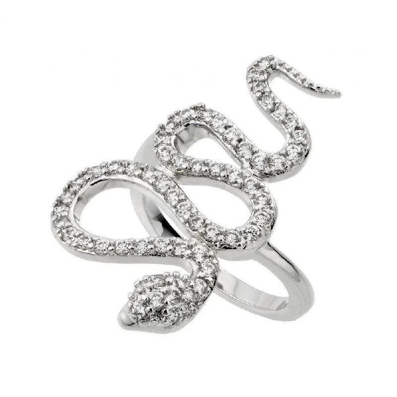 Large Wedding Rings-Silver 925 Rhodium Plated Clear CZ Snake Ring - BGR00846