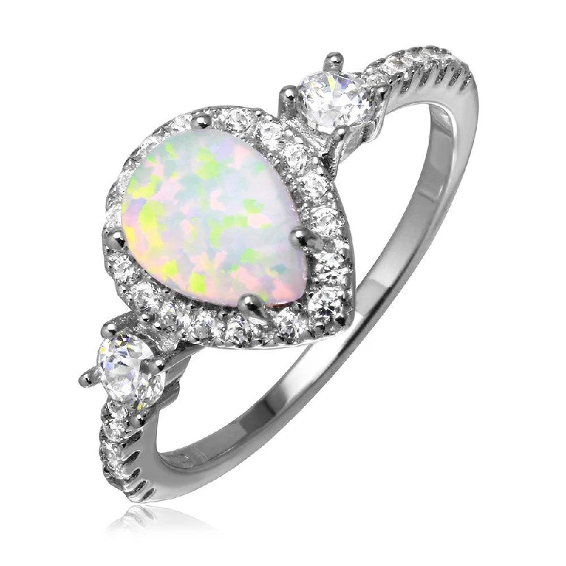 Designer Wedding Bands-Silver 925 Rhodium Plated Halo Pear Ring with Synthetic Opal and CZ - BGR01047