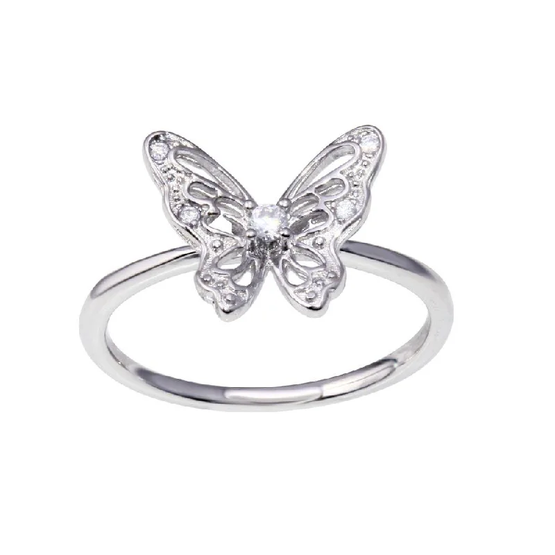 Trendy Wedding Bands-Rhodium Plated 925 Sterling Silver Butterfly Clear CZ Ring - BGR01347