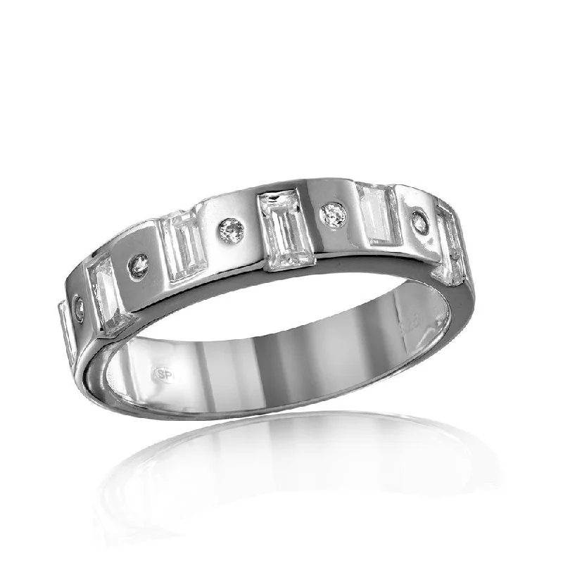 Modern Wedding Rings-Mens Sterling Silver 925 Rhodium Plated Matching Baguette CZ Band - GMR00111