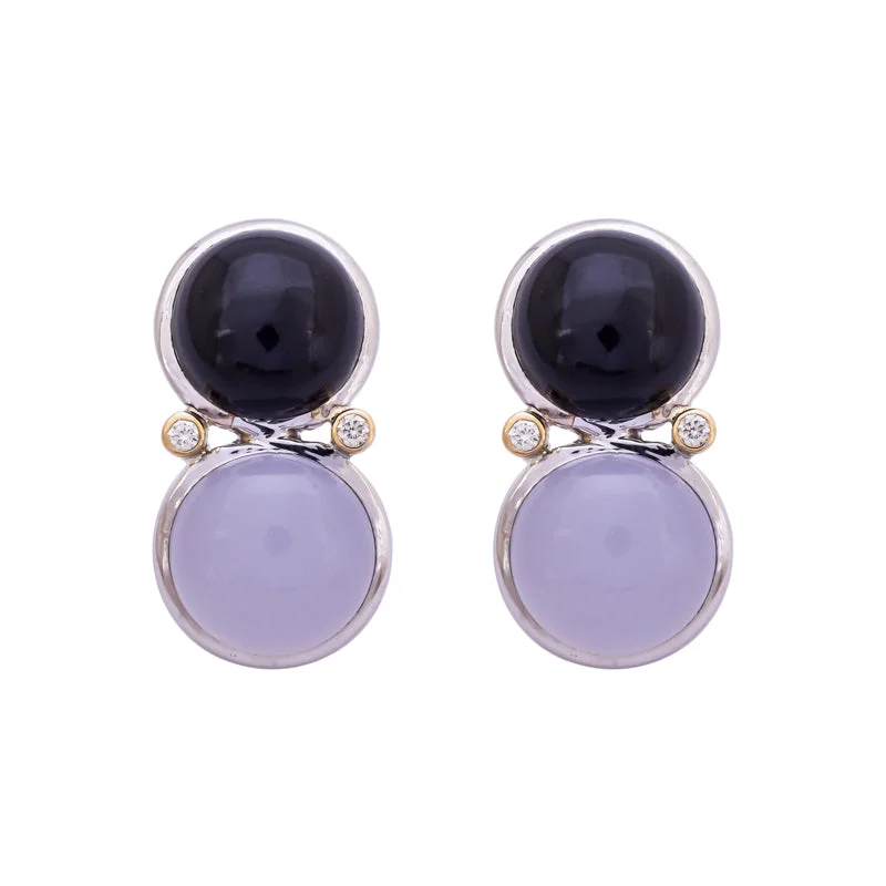 Unique Drop Earrings-Earrings- Onyx, Chalcedony and Diamond