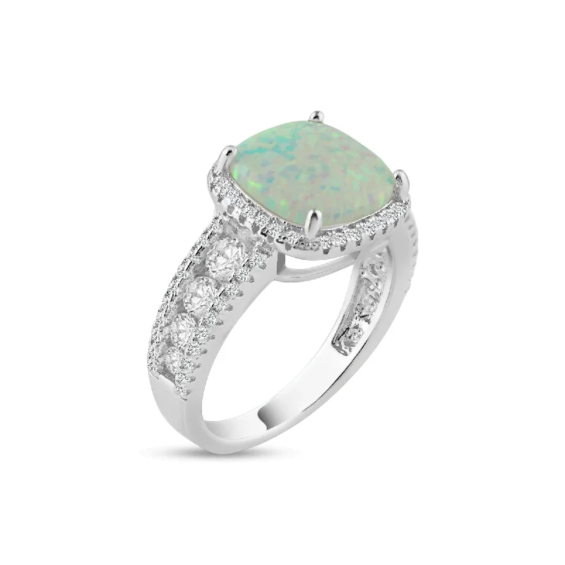 Vintage Diamond Rings-Rhodium Plated 925 Sterling Silver Opal Stone With CZ Ring - BGR01314