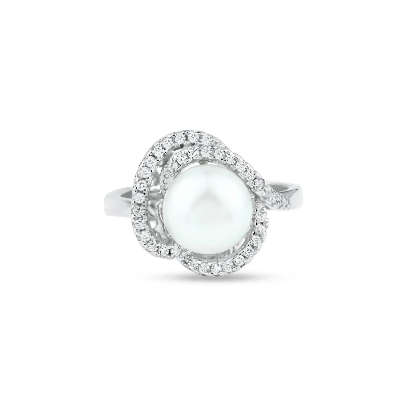 Trendy Engagement Rings-Rhodium Plated 925 Sterling Silver White Pearl and Clear CZ Ring - BGR01363