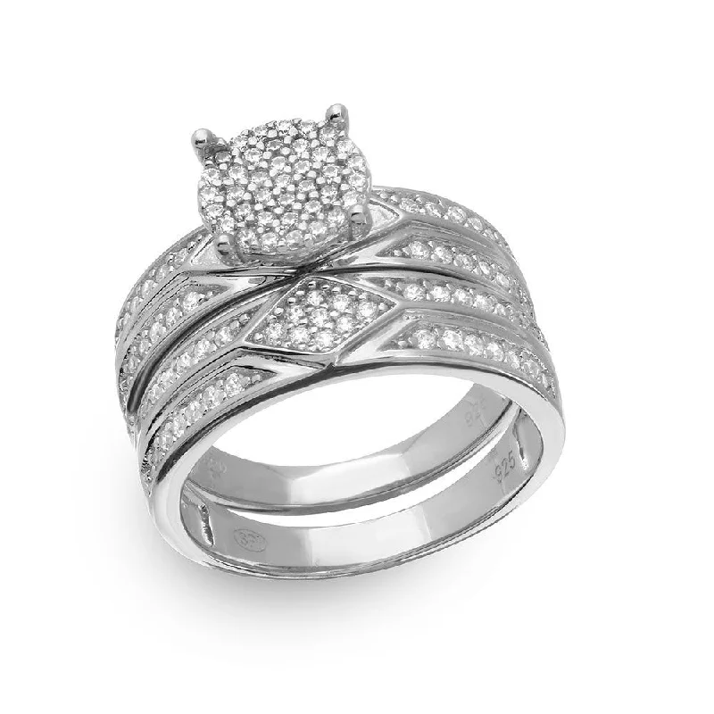 Fashionable Statement Rings-Silver 925 Rhodium Plated Round Pave Center Trio Bridal Ring - GMR00162