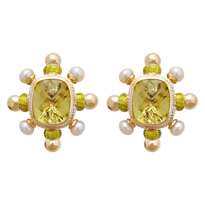 Elegant Wedding Earrings-Earrings- Lemon Quartz And Pearl (Enamel) (1815A)