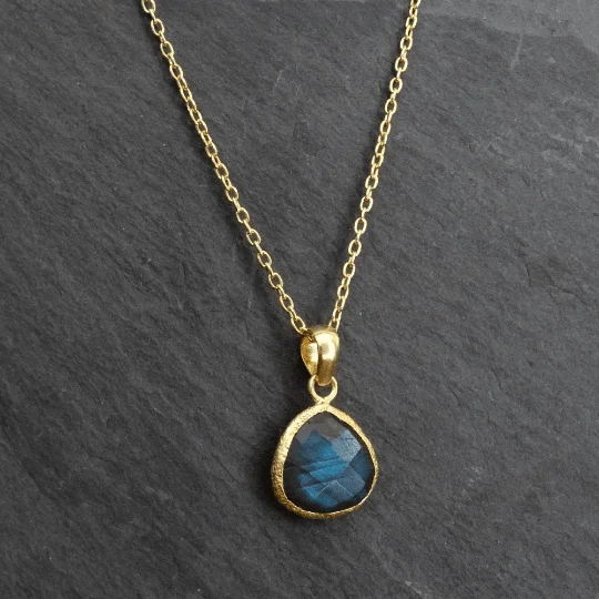 Personalized Diamond Necklaces-Gold Textured Labradorite Teardrop Pendant Necklace