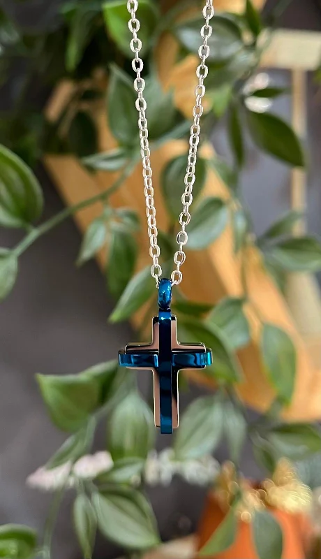 Long Crystal Necklaces-Unique & Co Stainless Steel Cross Blue IP Pendant Necklace