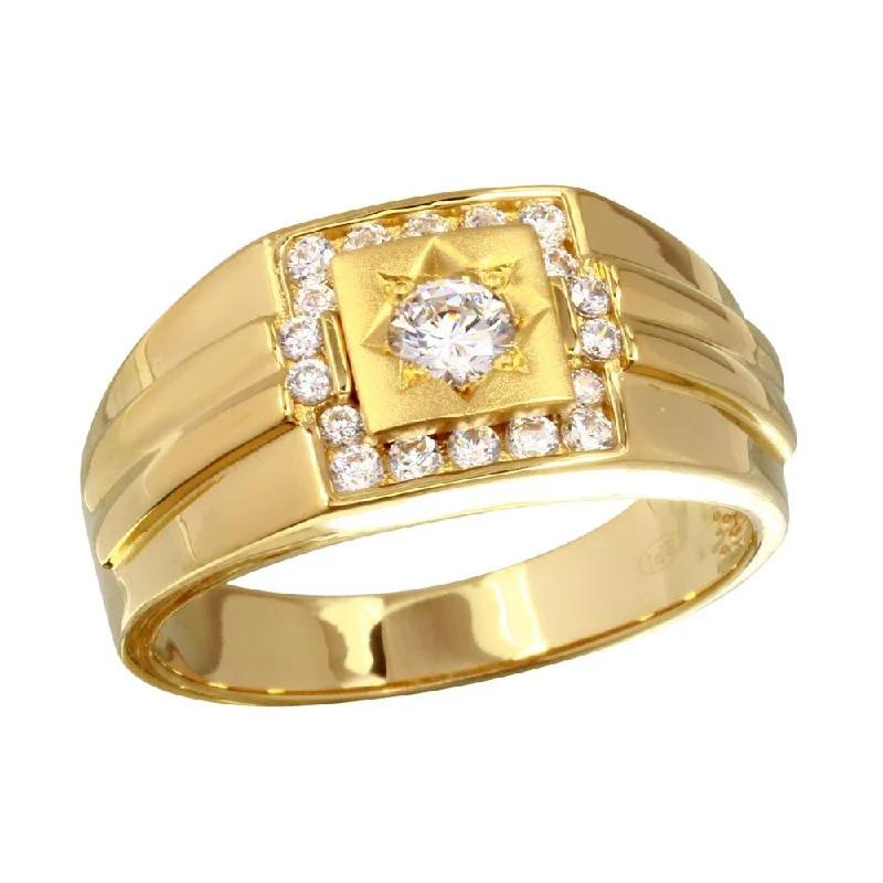 Engagement Rings with Colored Stones-Men's Sterling Gold Plated 925 Sterling Silver Square Ring with CZ - GMR00240GP