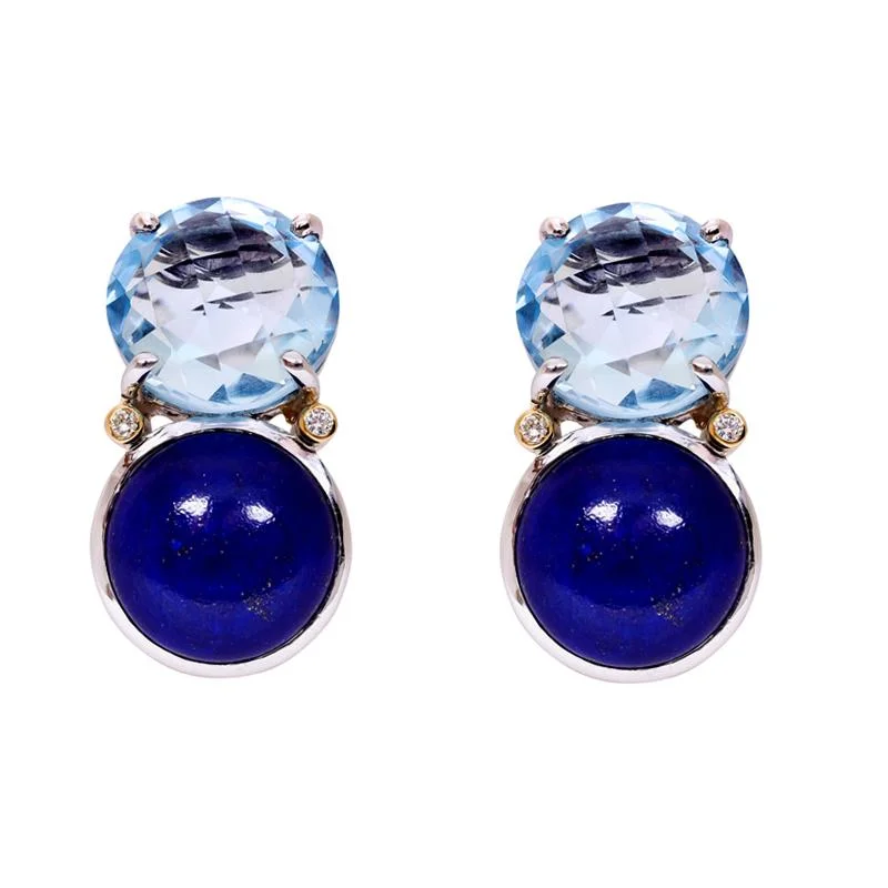 Glittery Silver Earrings-Earrings- Lapis Lazuli, Blue Topaz and Diamond  (38BM)