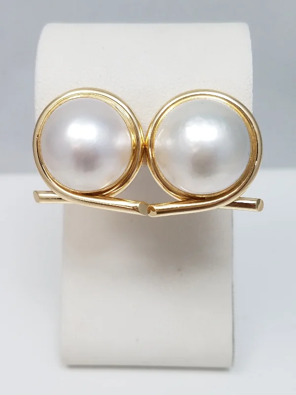 Trendy Silver Earrings-Large 14k Yellow Gold Cultured Mabe Pearl Earrings