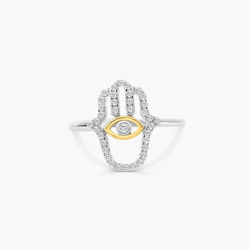 Trendy Engagement Rings-925 Sterling Silver 2 Toned Plated Hamsa Hand Clear CZ Ring - BGR01359