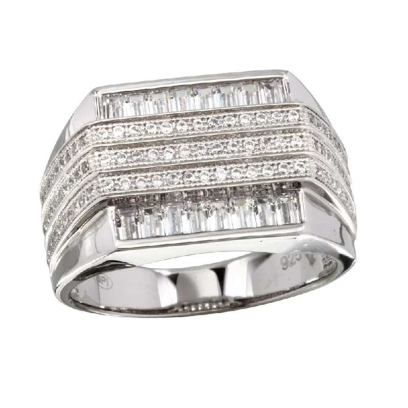 Designer Gold Rings-Rhodium Plated 925 Sterling Silver Men's 3 Bar CZ Ring - GMR00222