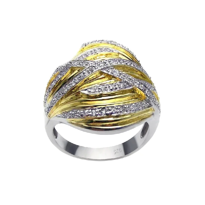 Unique Wedding Rings-Clearance-Silver 925 Rhodium and Gold Plated CZ Overlapping Ring - BGR00180