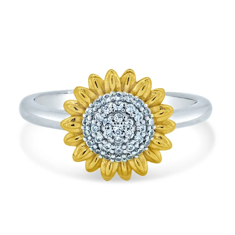 Sterling Silver Rings-925 Sterling Silver Rhodium and Gold Plated Cubic Zirconia Sunflower Ring - STR01173