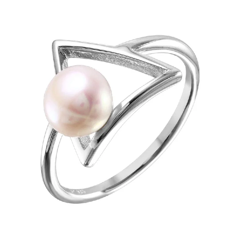 Modern Diamond Rings-Silver 925 Rhodium Plated Open Triangle Fresh Water Pearl Ring - STR01039