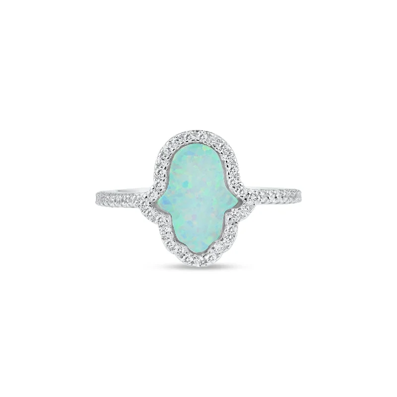 Silver Wedding Bands for Men-Rhodium Plated 925 Sterling Silver Hamsa Opal CZ Ring - BGR01356