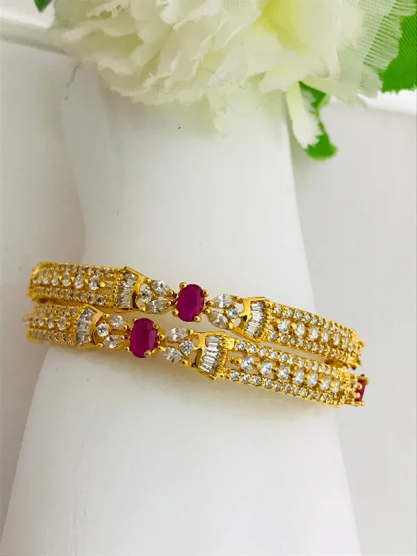 Elegant Wedding Bangle Bracelets-Modern Gold Plated Antique Bangles With Ruby And White Stones