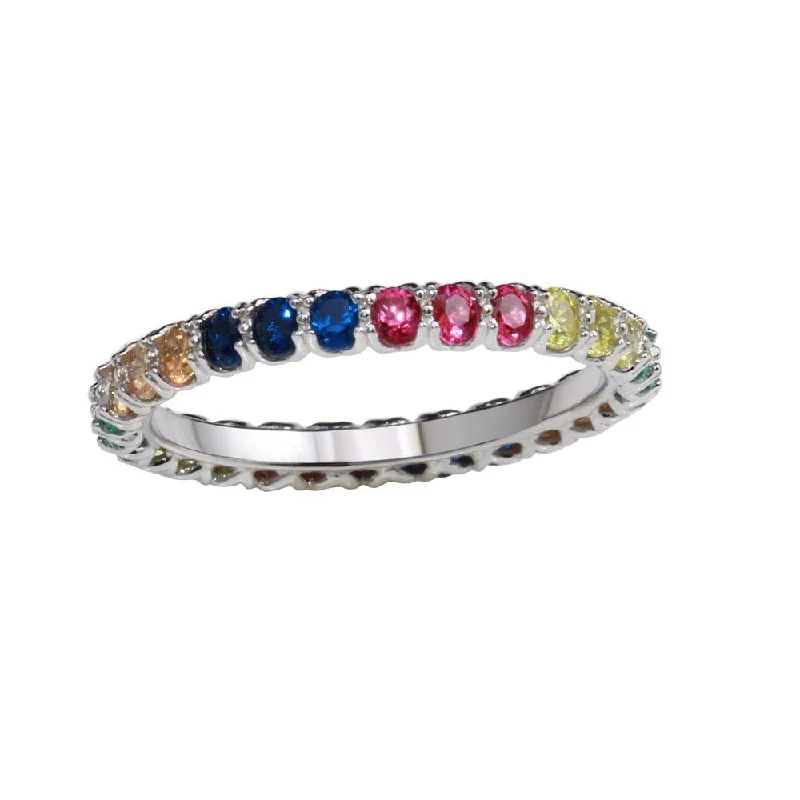 Simple Diamond Wedding Bands-Rhodium Plated 925 Sterling Silver Multi-Colored Round CZ Stone Rings - GMR00066RBC