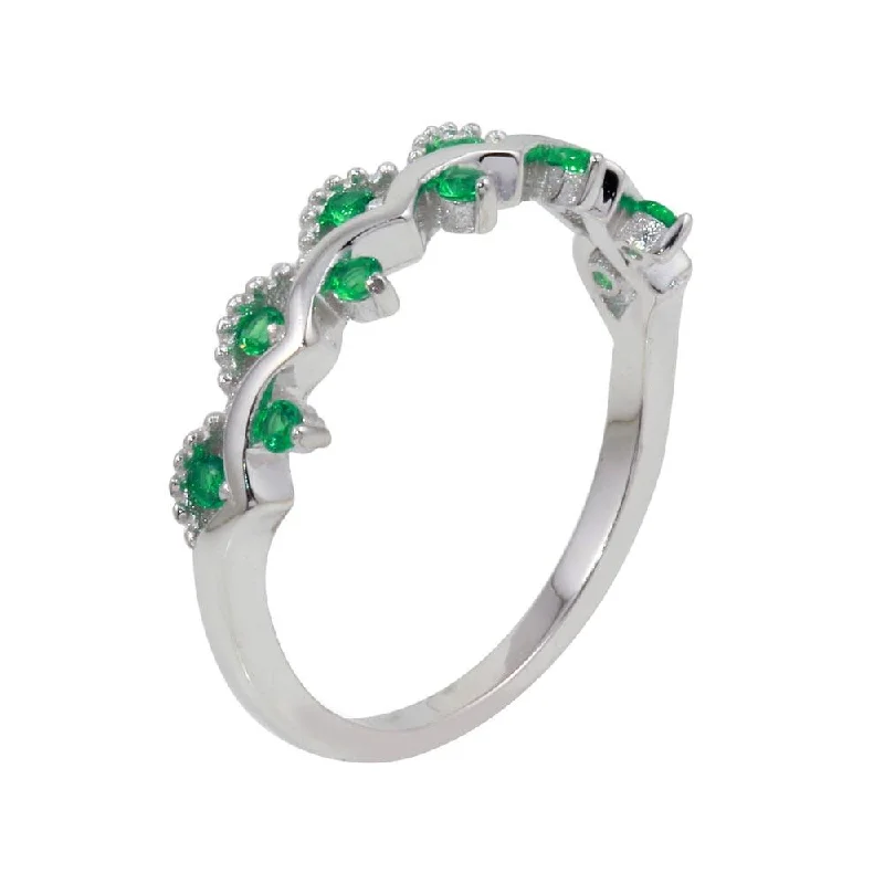 Vintage Style Diamond Rings-Rhodium Plated 925 Sterling Silver Wavy Ring with Green CZ - BGR01239GRN